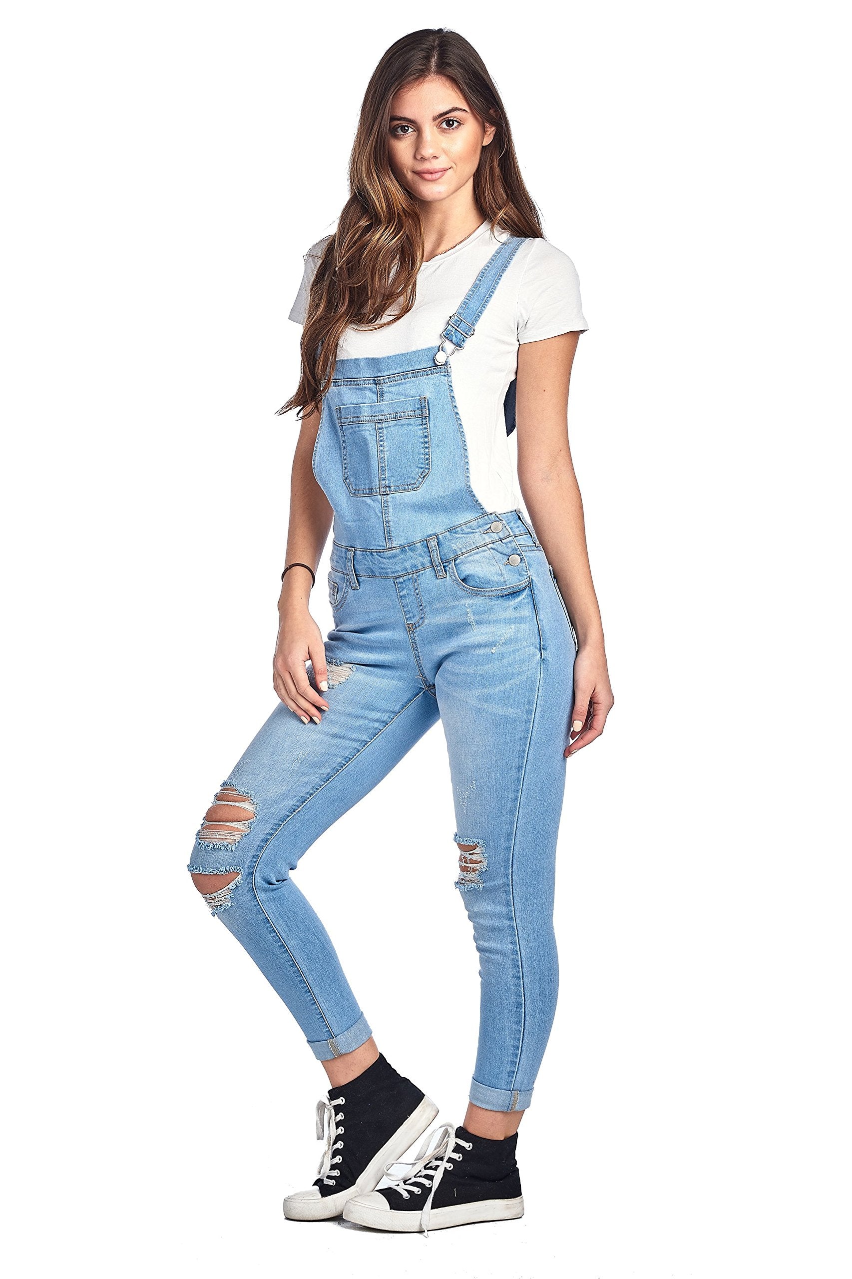 Denim Distressed Rolled Cuff Ankle Length Adjustable Straps Skinny Jean Overalls