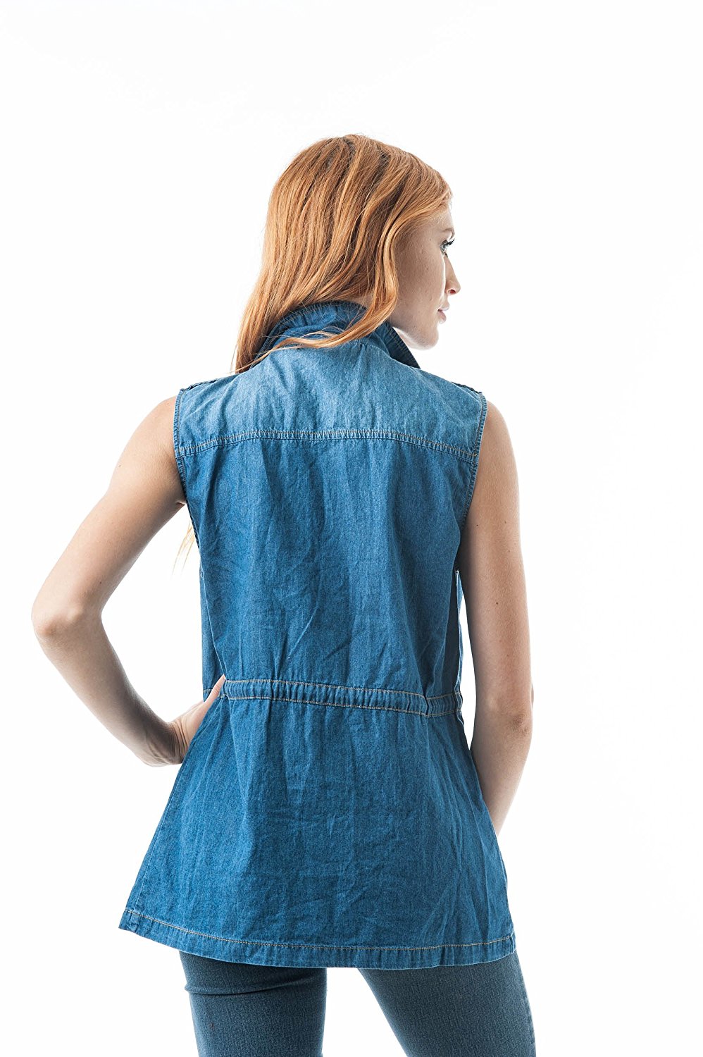 Sleeveless Chambray Anorak Vest With 4 Front Pockets And Self-Tie Drawstring Waist