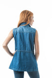 Sleeveless Chambray Anorak Vest With 4 Front Pockets And Self-Tie Drawstring Waist