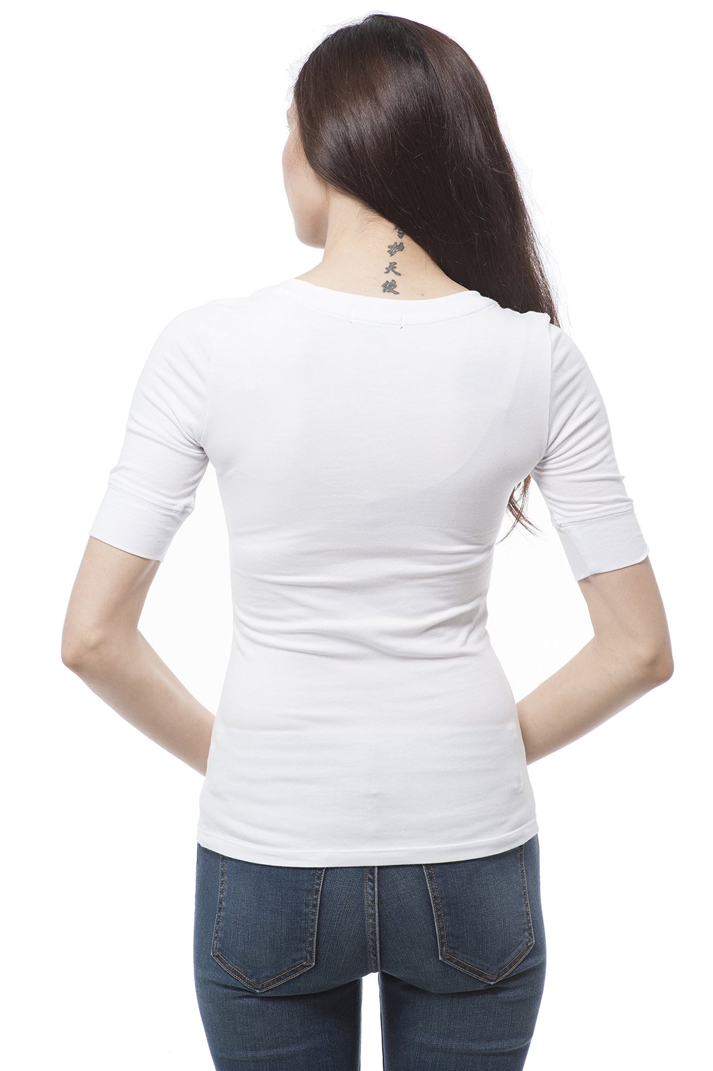 Hollywood Star Fashion Women's Plain Basic Elbow Length Sleeves V Neck Top Fitted Shirt