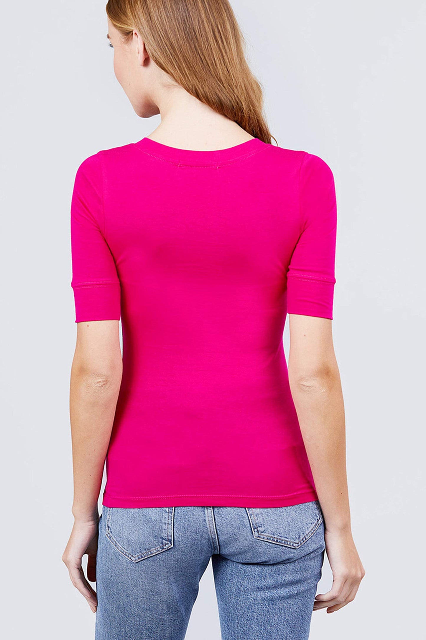 Hollywood Star Fashion Women's Plain Basic Elbow Length Sleeves V Neck Top Fitted Shirt