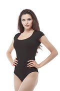 Short-Sleeve Scoop Neck Snap Crotch Leotard Bodysuit