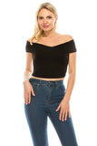 Women's Casual Cross Off Shoulder Deep V Neck Ribbed Knit Slim Wrap Short Sleeves Cross Over Crop Top