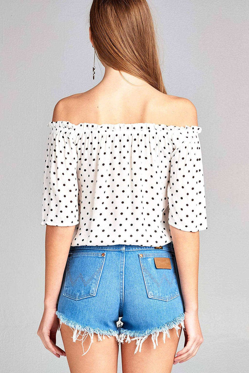 Khanomak Women's 3/4 Sleeve Off The Shoulder Loose Ruffled Polka-Dotted Blouse