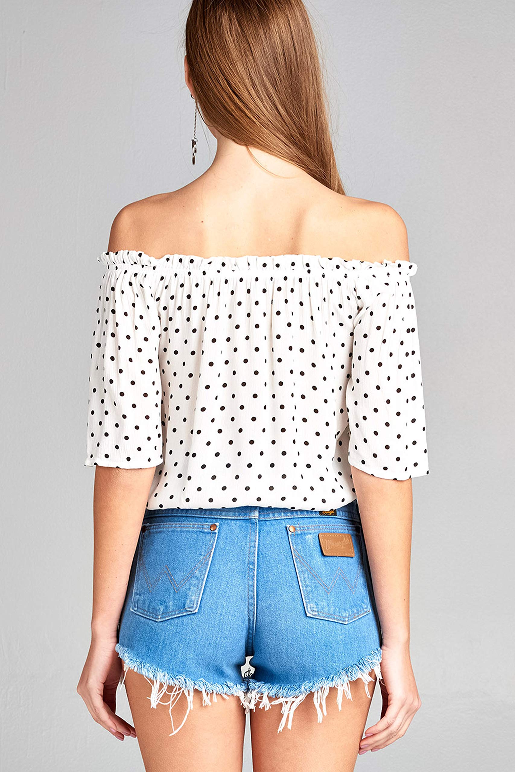 Khanomak Women's 3/4 Sleeve Off The Shoulder Loose Ruffled Polka-Dotted Blouse