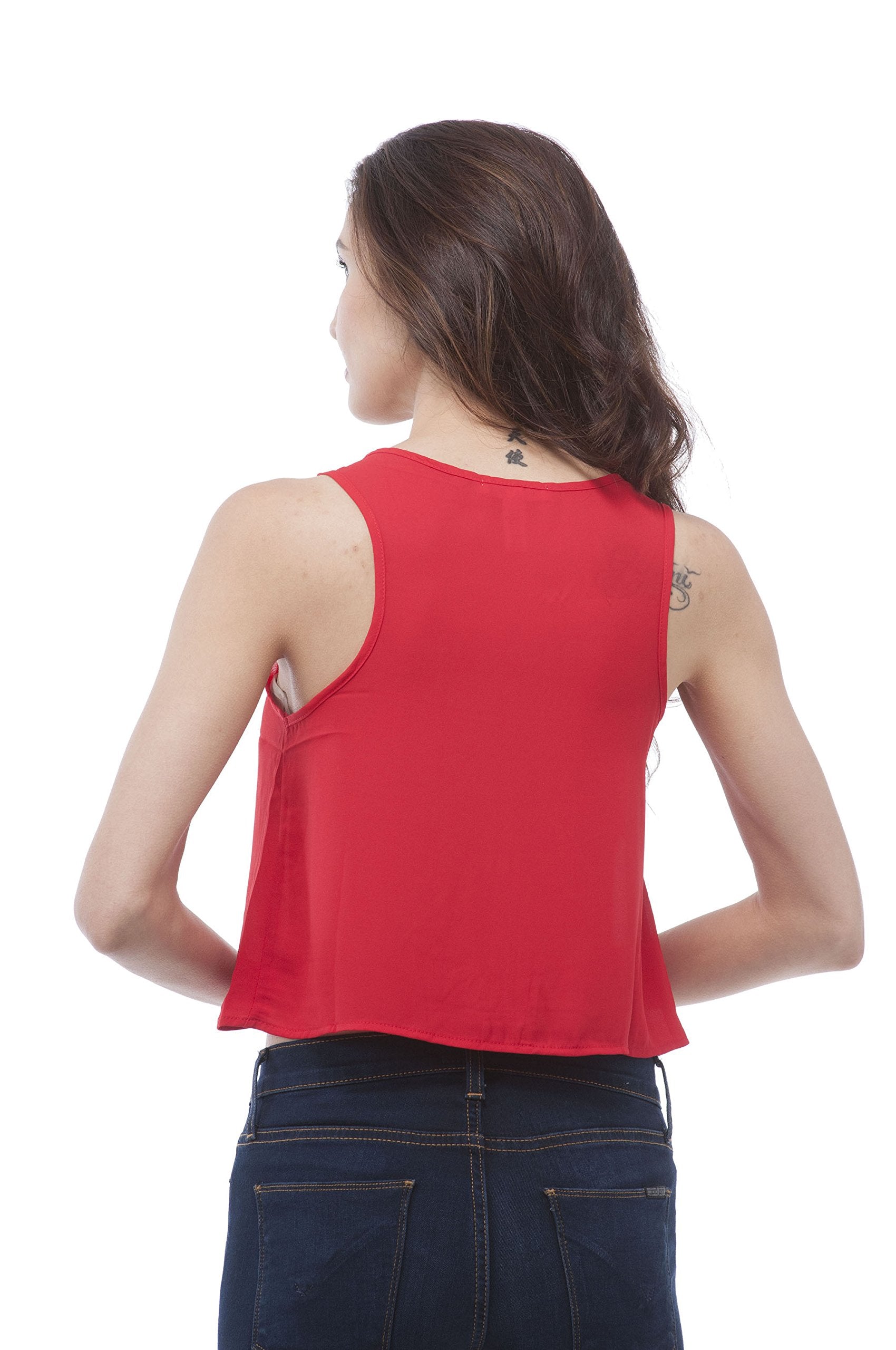 Hollywood Star Fashion Sleeveless Chiffon Crop Top WIT Metal Front Zipper