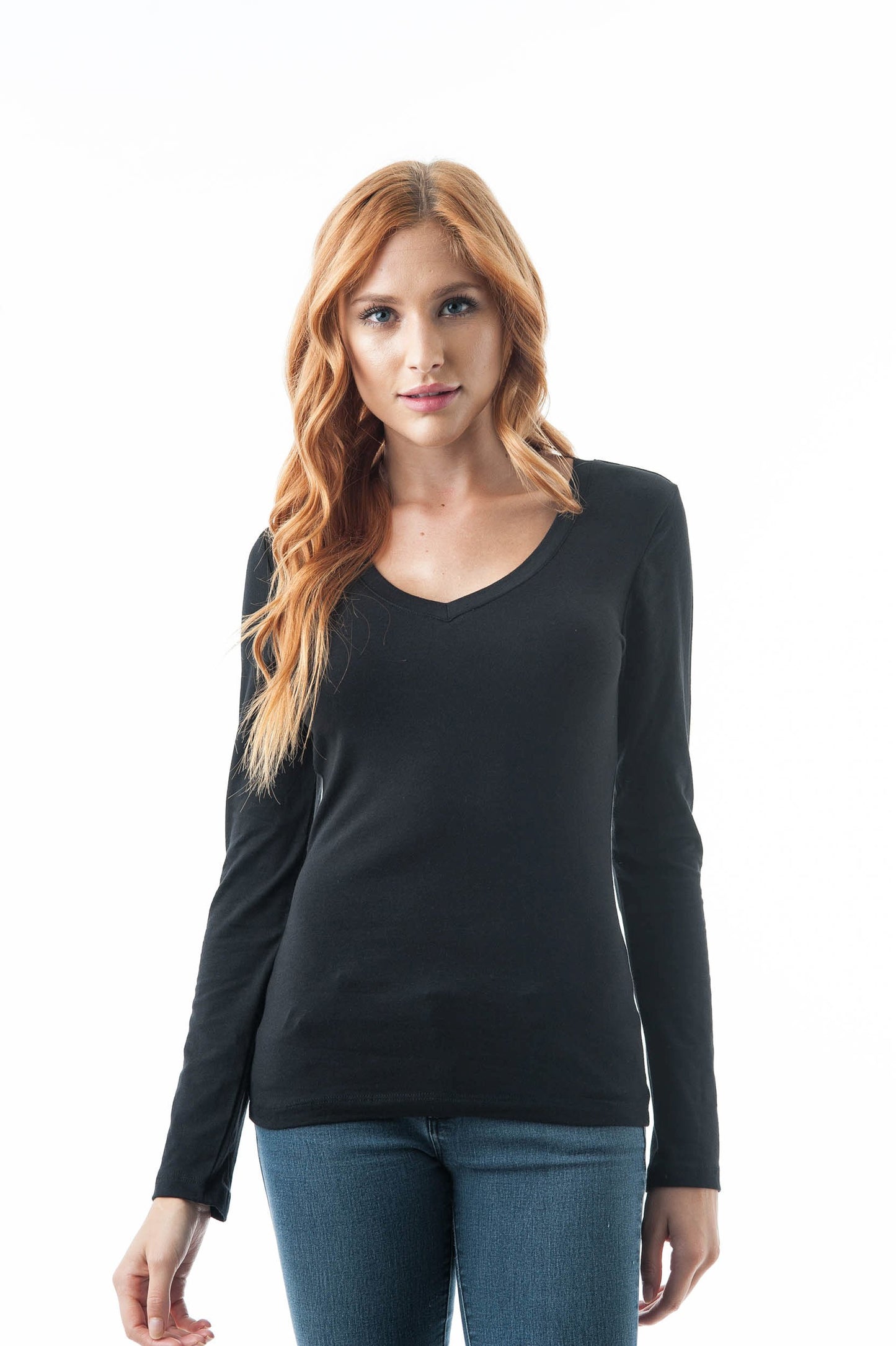 Plain V Neck Long Sleeve Tee T-Shirt