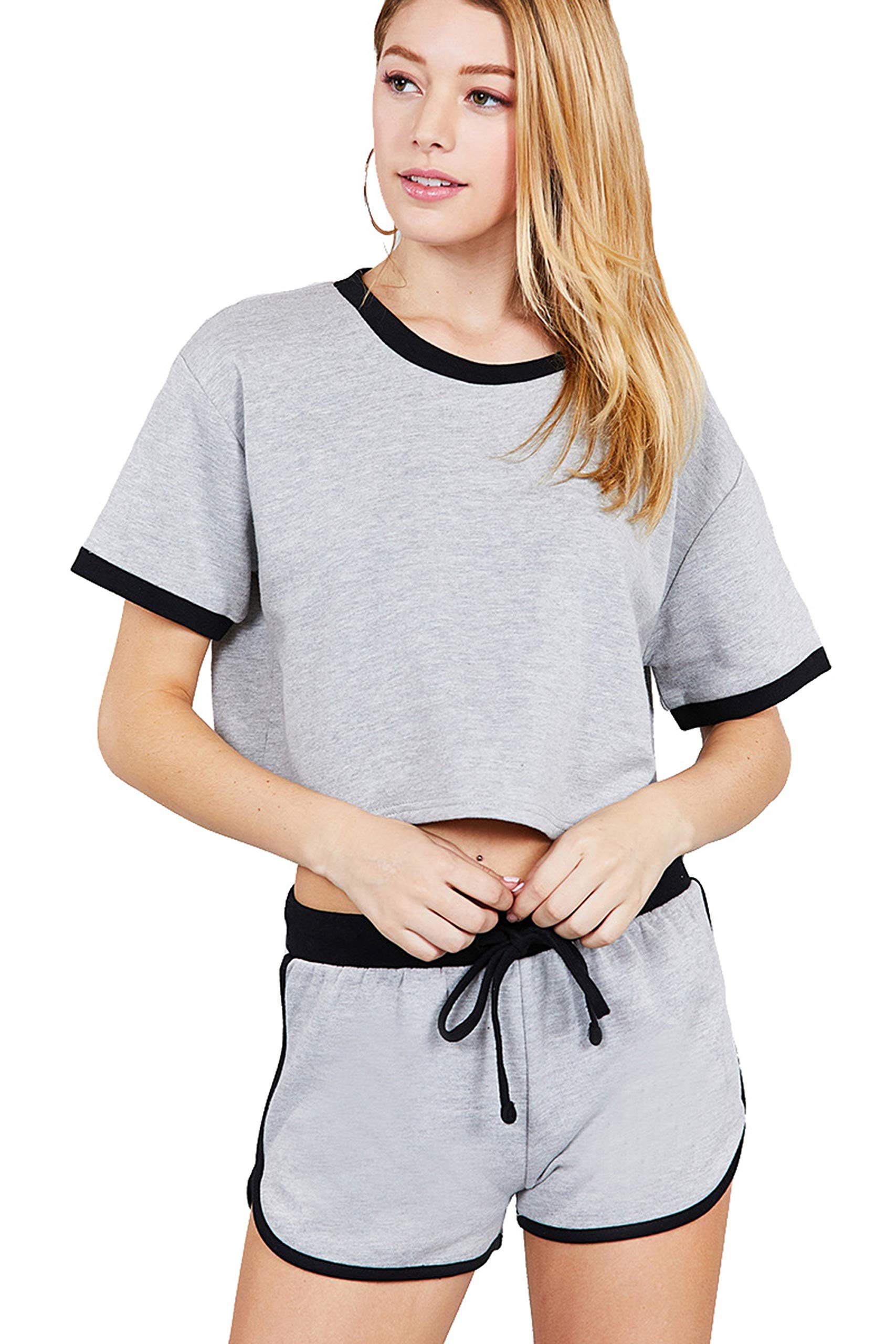 Women's Short Sleeve Round Neck With Contrast Hem And Short Set