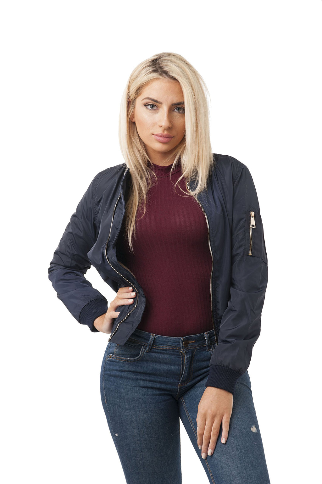 Khanomak Long Sleeve Bomer Jacket with Faux Fur Lining