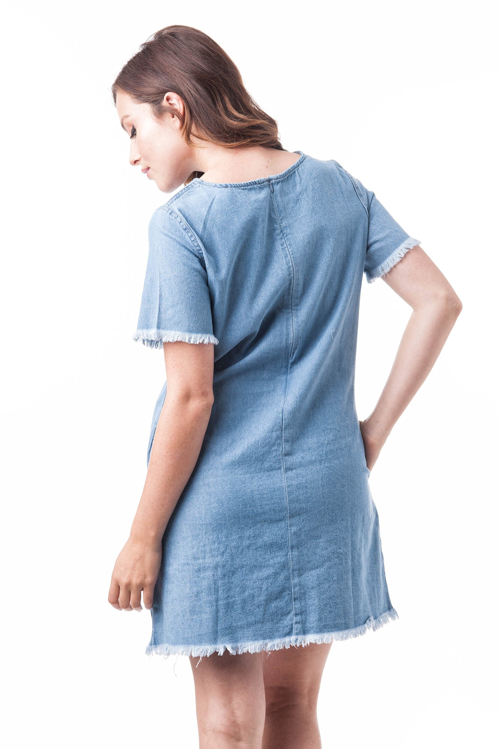 Short Sleeve Denim Frayed Cotton Scoop Neck Side Pockets Bodycon Dress