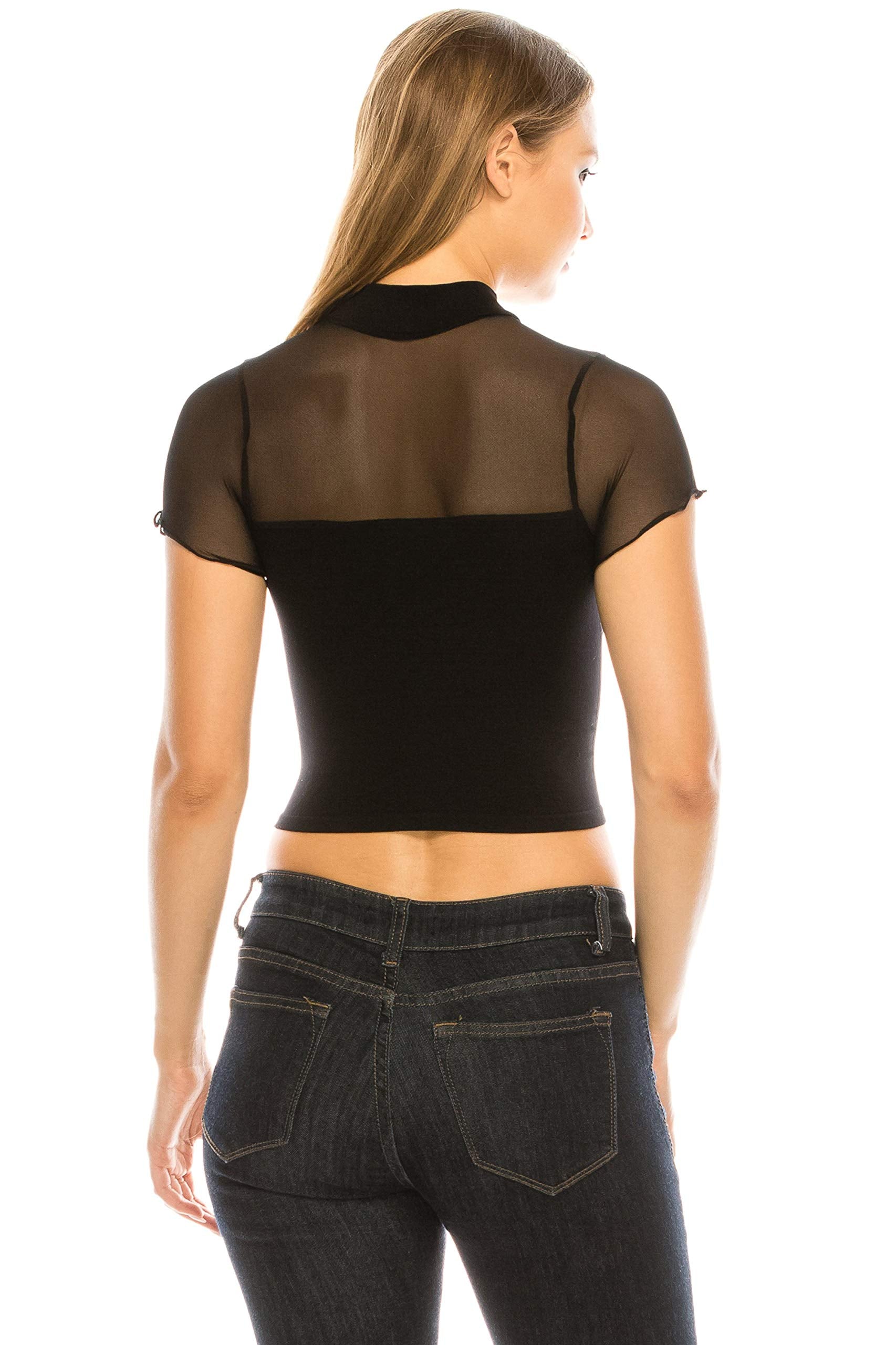 Women's Mesh Merrow Short Sleeve Mock Neck Stretch Solid Crop Top