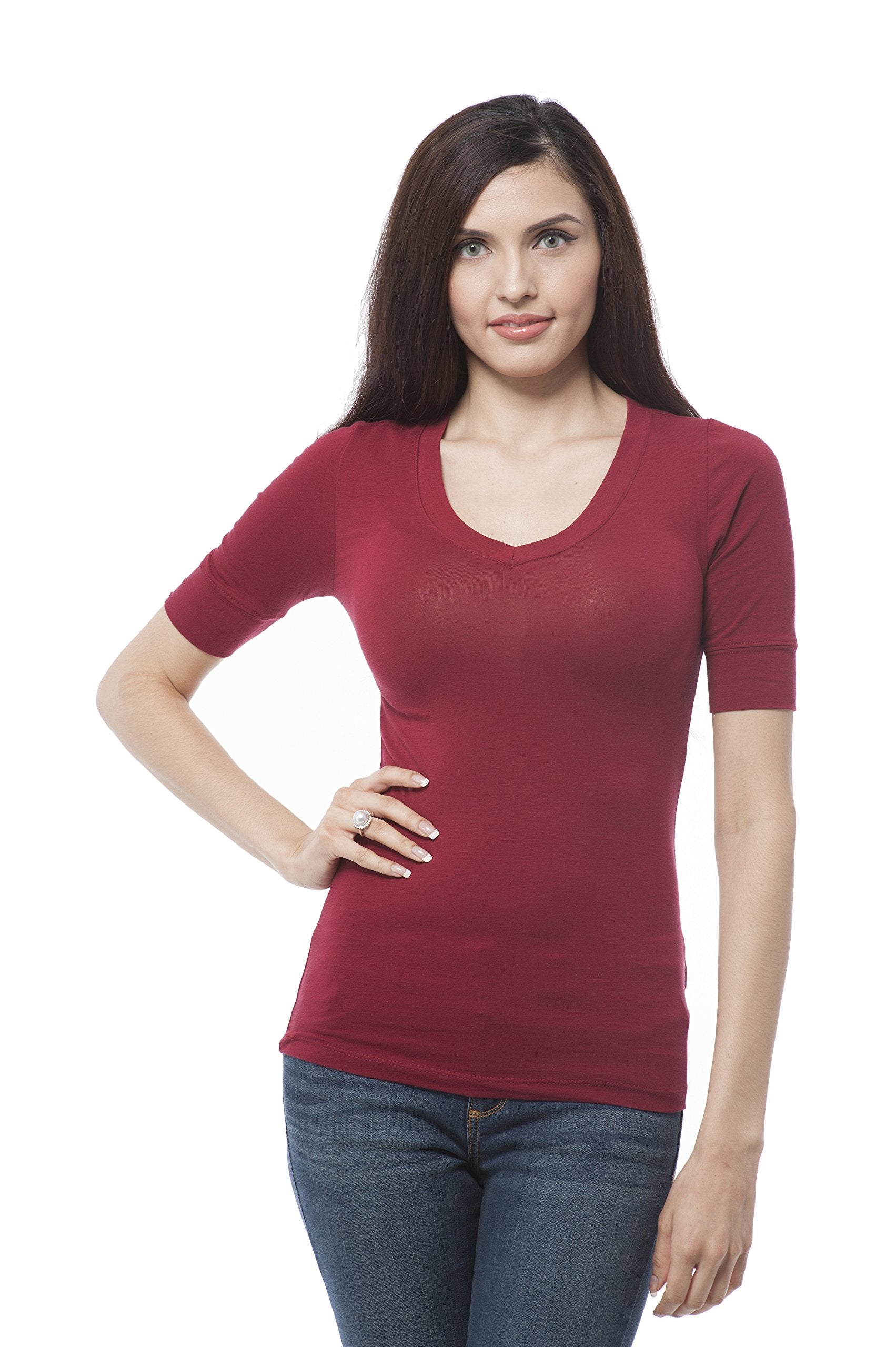 Hollywood Star Fashion Women's Plain Basic Elbow Length Sleeves V Neck Top Fitted Shirt1