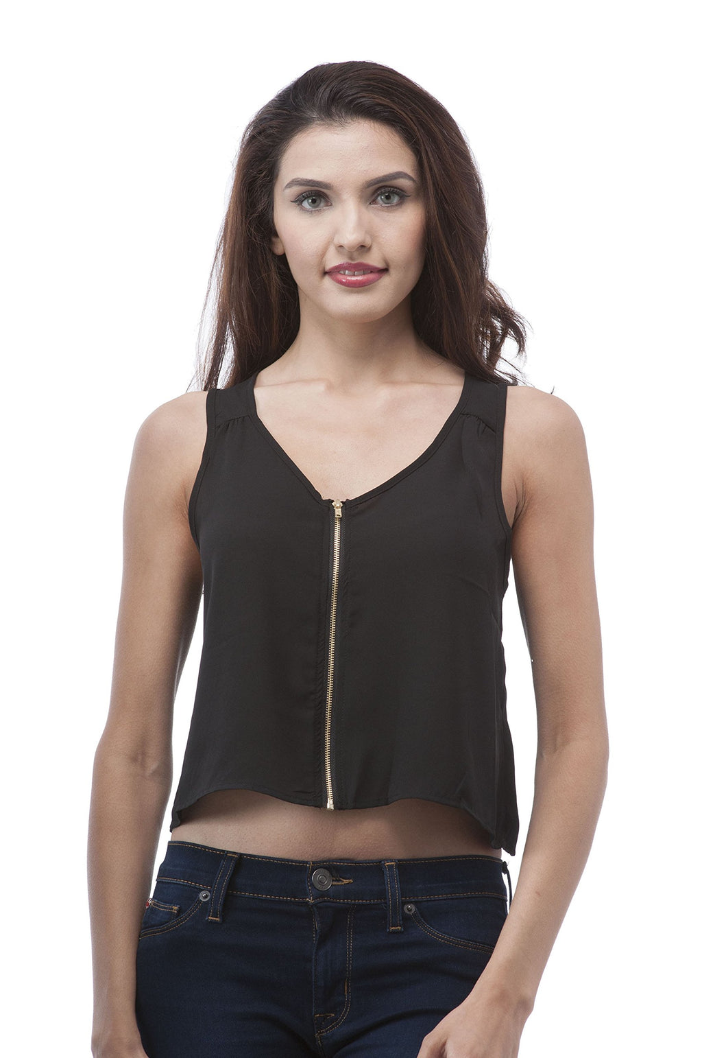 Hollywood Star Fashion Sleeveless Chiffon Crop Top WIT Metal Front Zipper