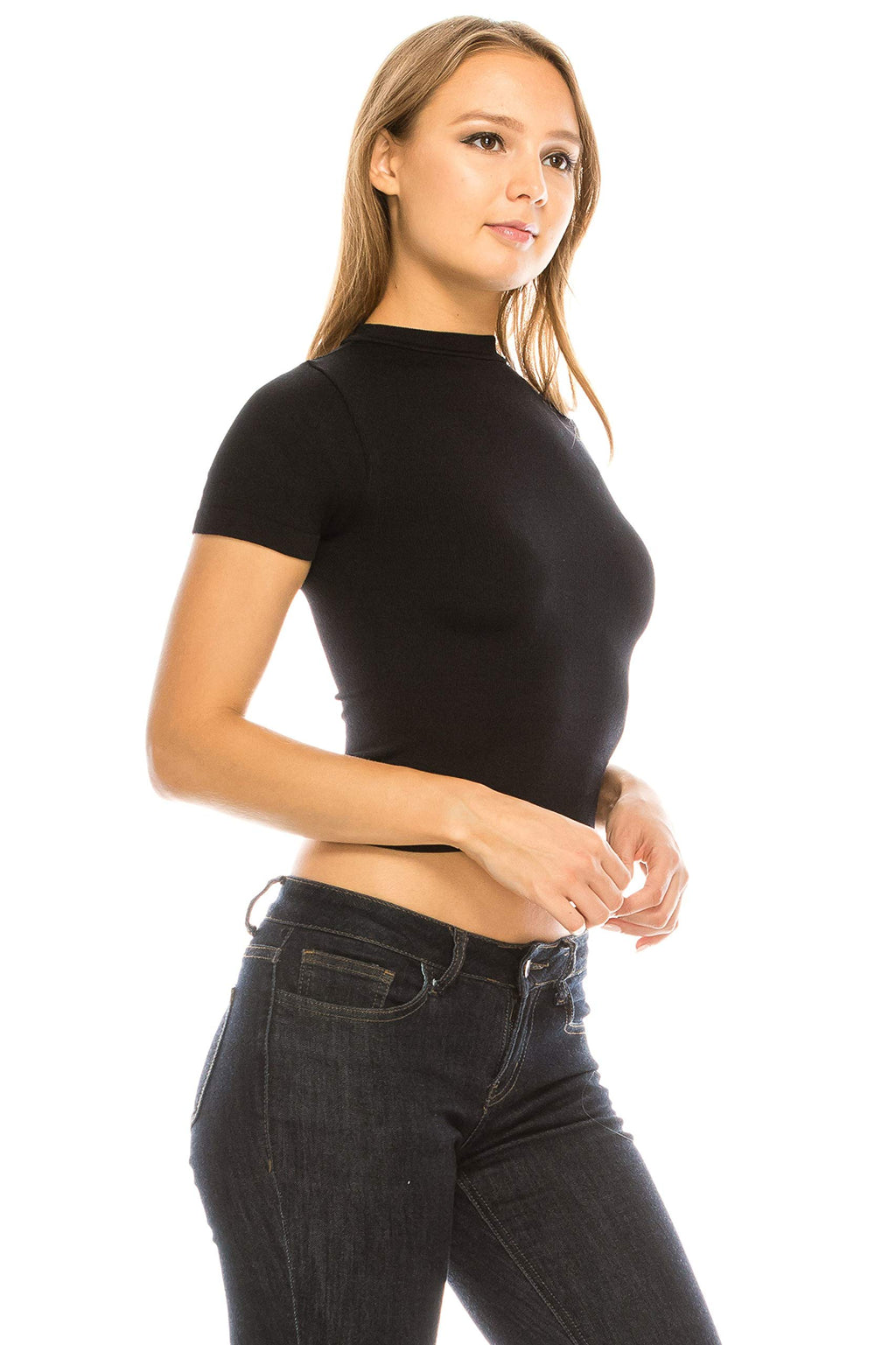 Women's Stretch Rib Basic High Neck Cropped Short Sleeve Shirt