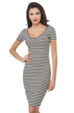 Short Sleeve Scoop Neck Ribbed Stripe Midi Dress