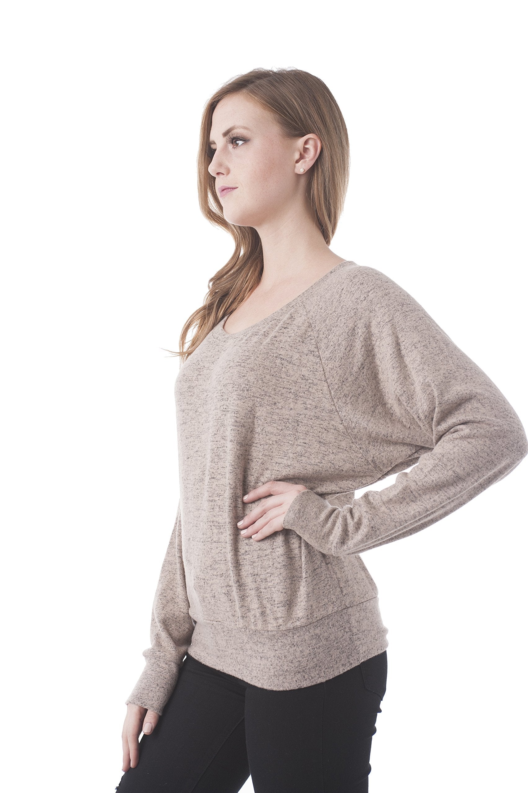 Khanomak Long Sleeve Brushed Scoop Neck Dolman Pullover Sweater