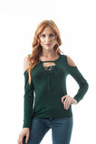 Long Sleeve Open Cold Shoulder V Neckline Cut Out Lace Up Top