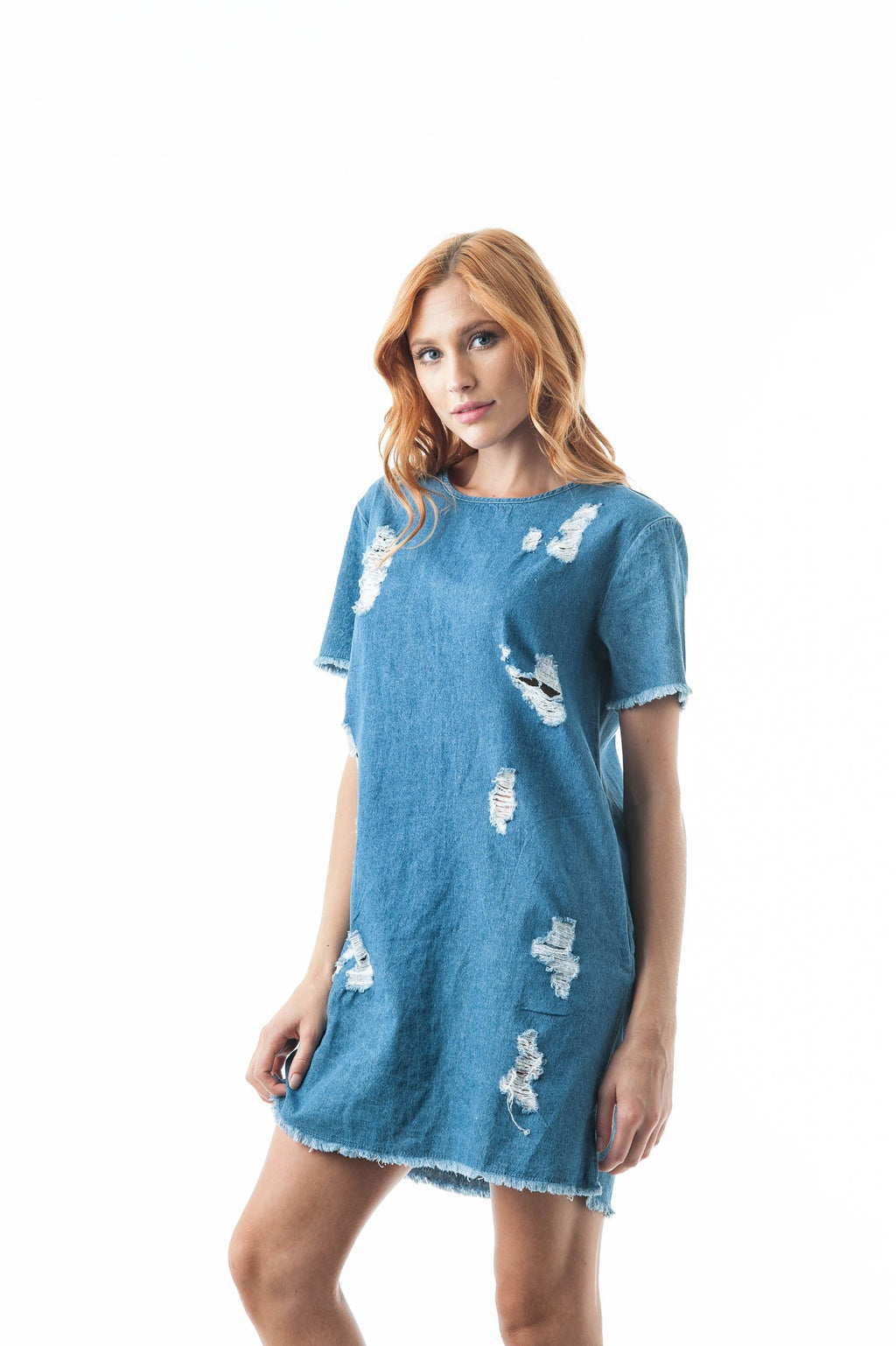 Short Sleeve Denim Frayed Cotton Scoop Neck Side Pockets Bodycon Dress