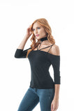 3/4 Sleeve Open Off The Shoulder Strappy Choker Neckline Top