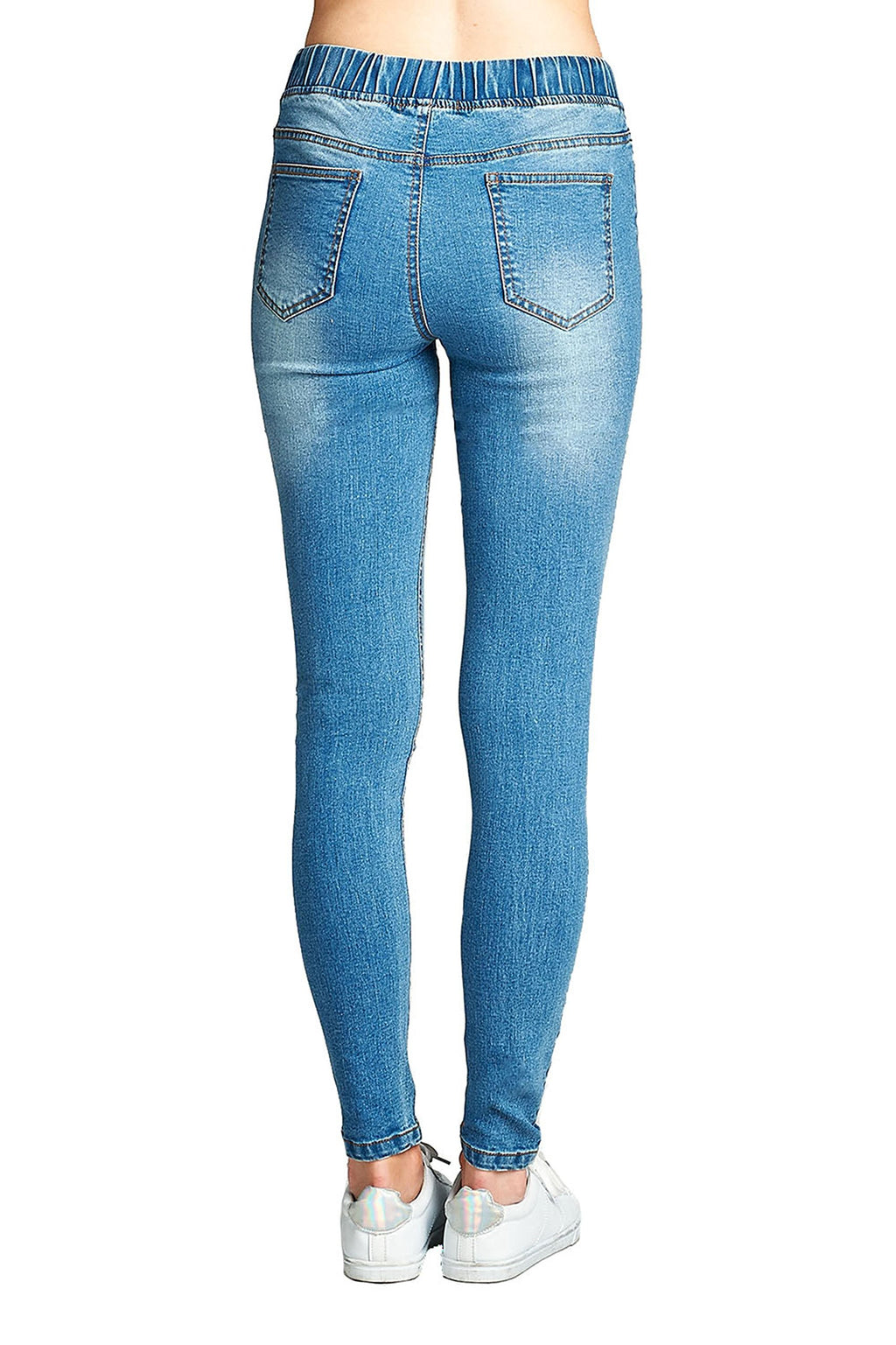 Elasticized Drawstring Waist Busted Knee Washed Denim Skinny Pants Jeans