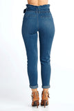 Women's High-Rise Paper Bag Elastic Belted Waist Denim Long Slim Skinny Jeans Pants