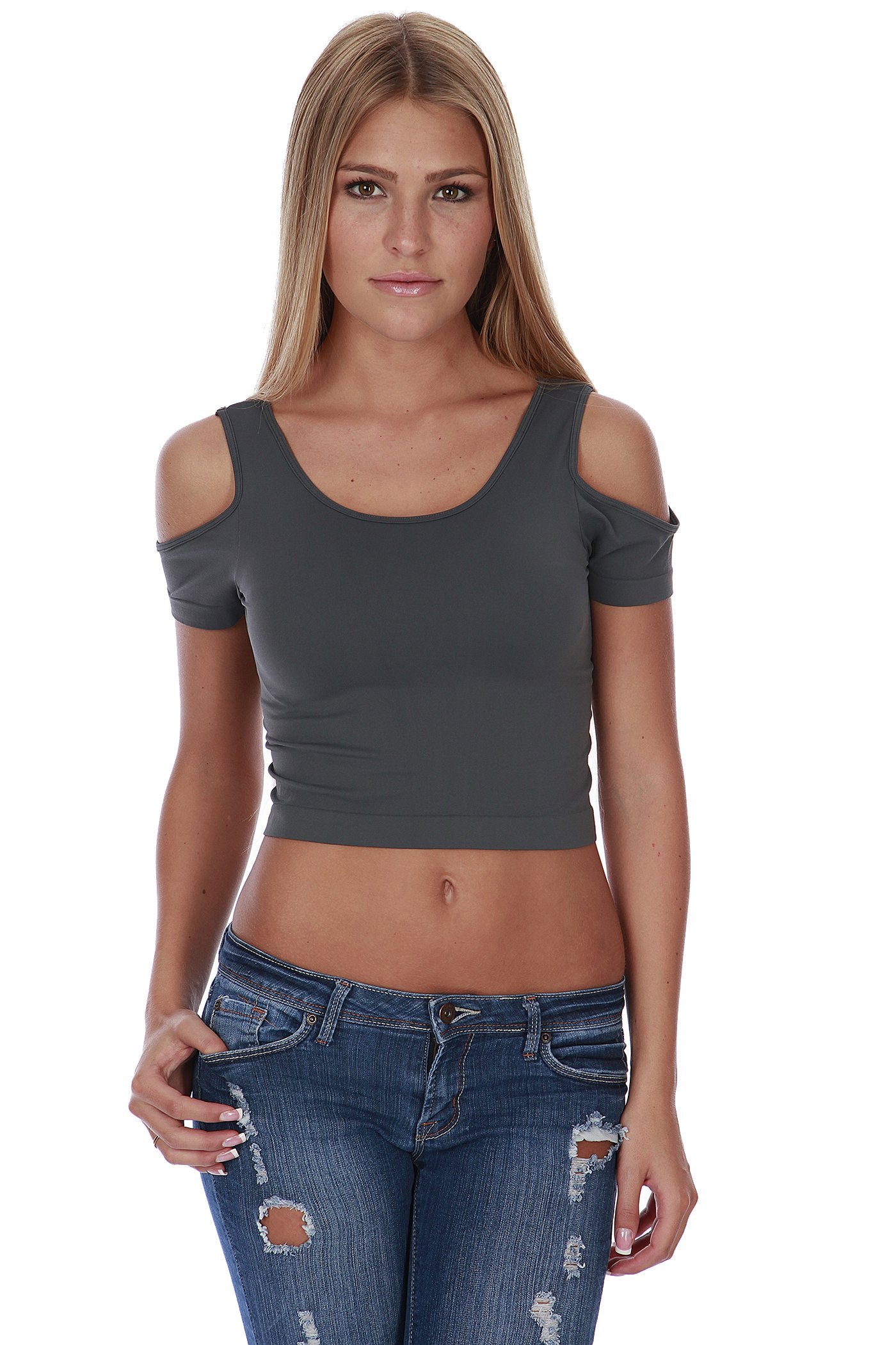 Hollywood Star Fashion Women's Cut-Out Shoulder Crop Top Tank Seamless Shirt