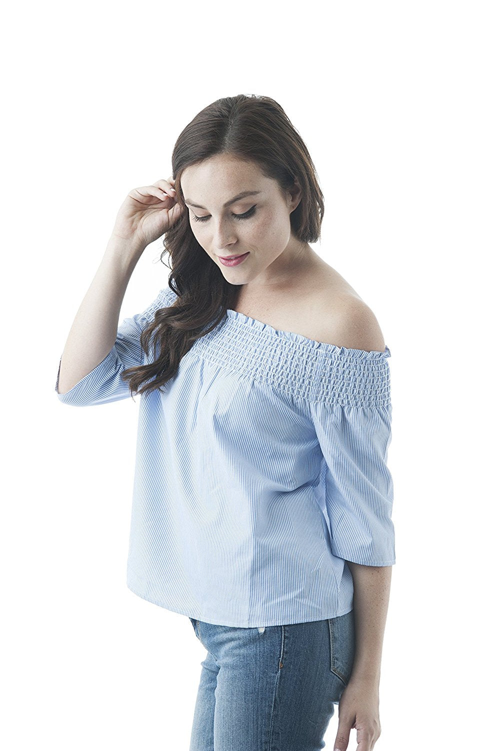 Off The Shoulder Multi Stripe Half Sleeve Ruffle Hem Top