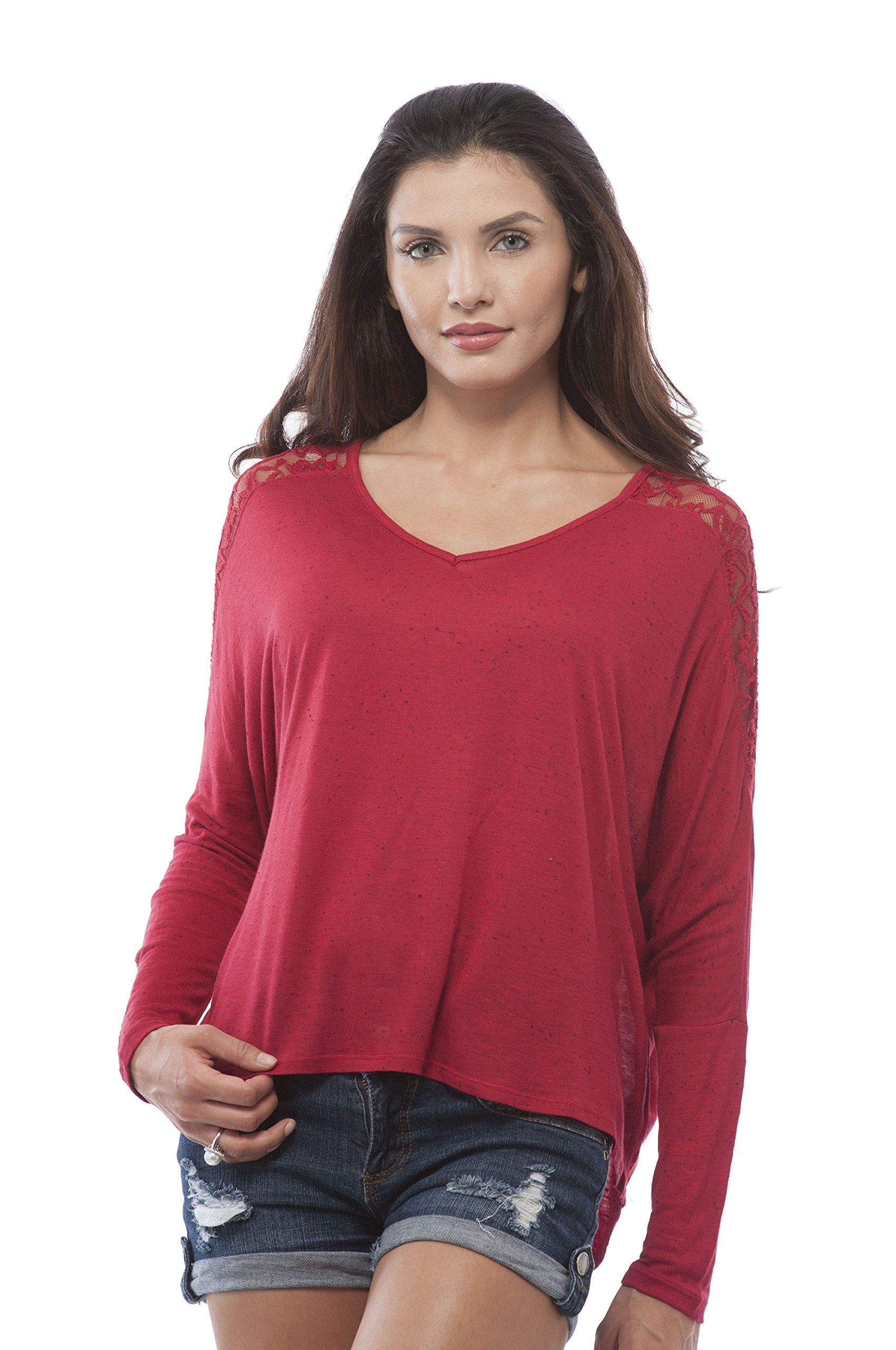 Long Sleeve Batwing V Neck Lace Trim Top
