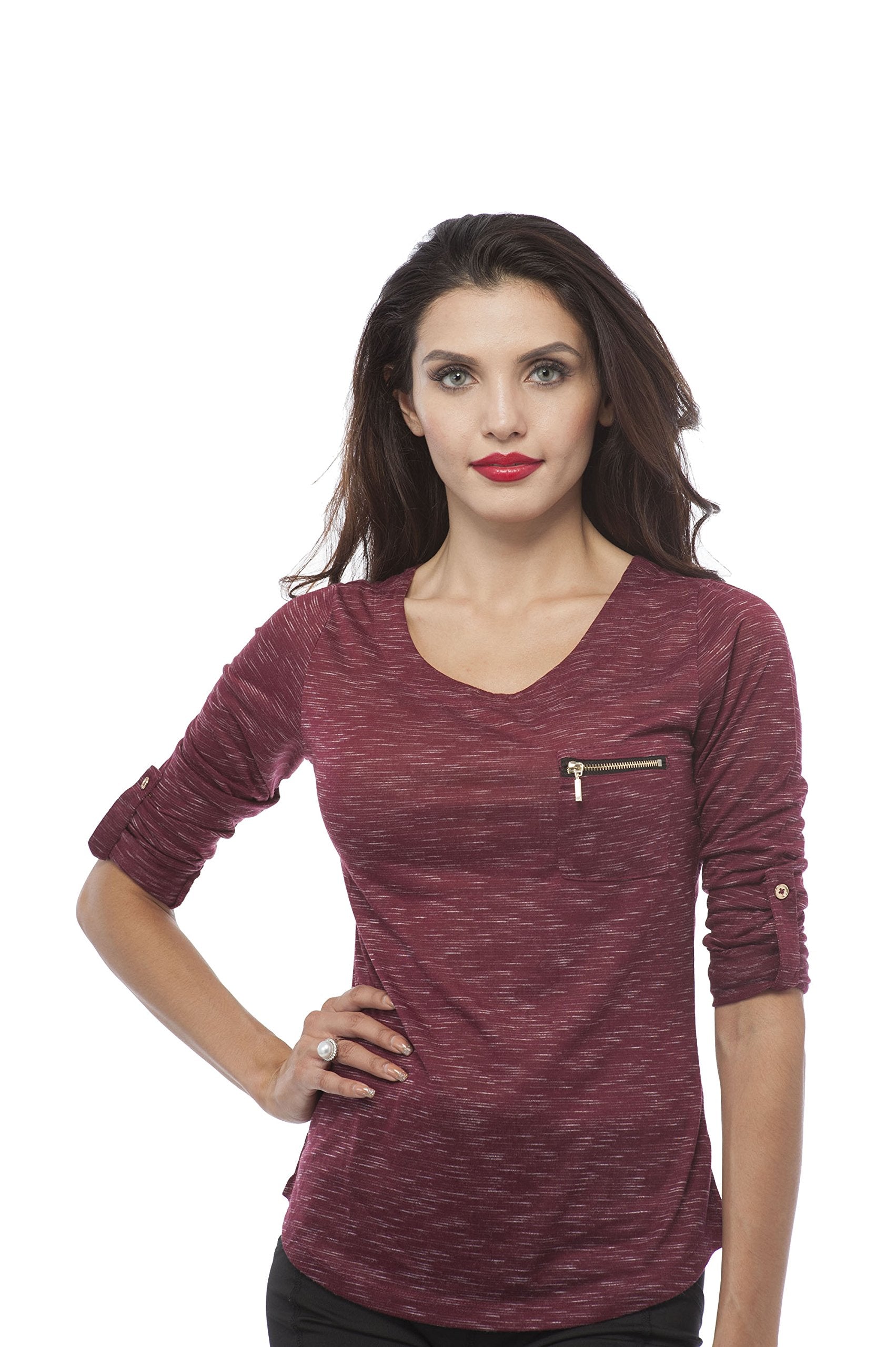 3/4 Roll Up Scoop Neck Top With Front Zipper Pocket Detail