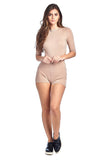 Khanomak 3/4 Sleeve Deep Open Back Side Cutout High Neck Short Ribbed Romper