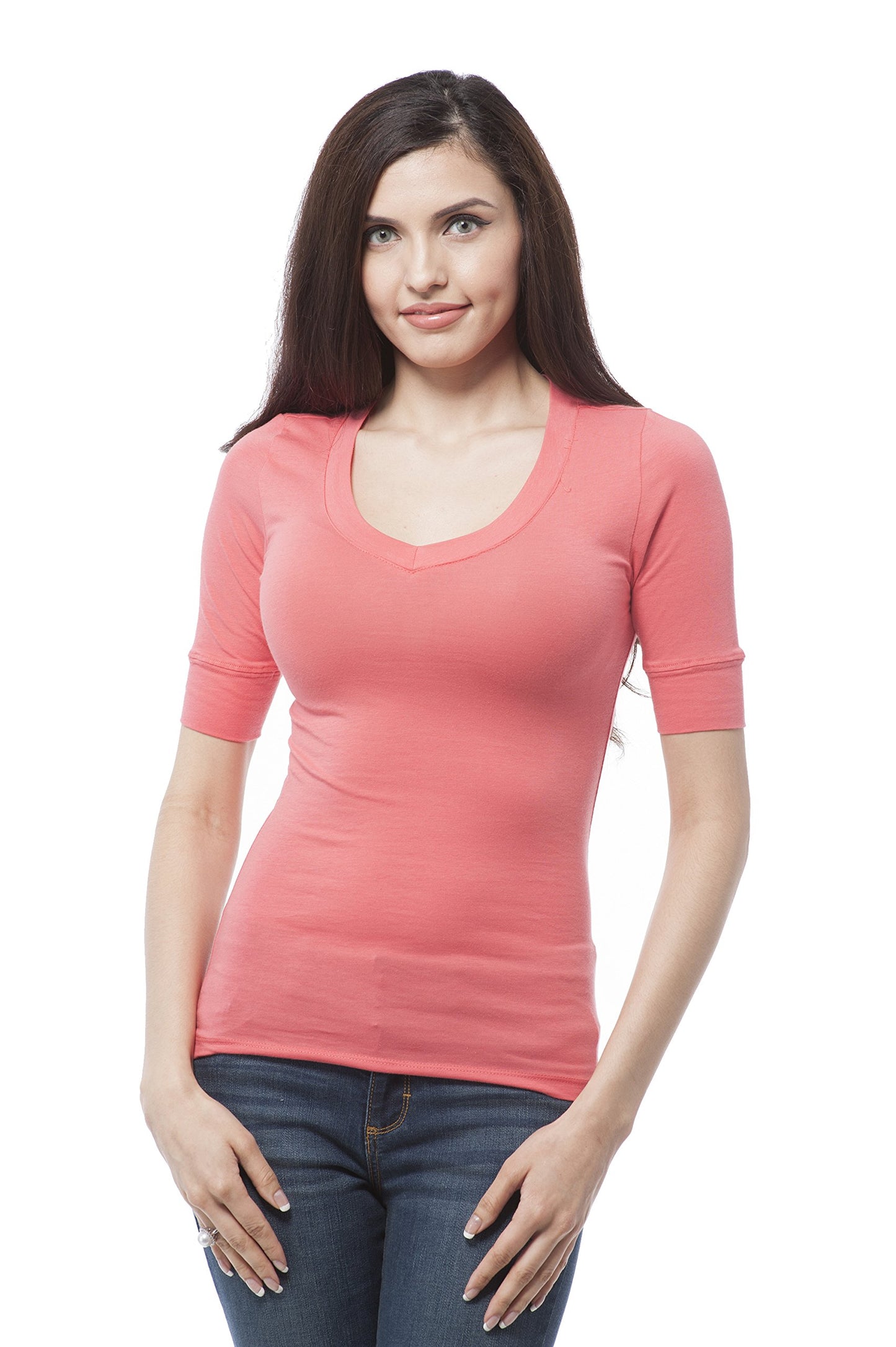 Hollywood Star Fashion Women's Plain Basic Elbow Length Sleeves V Neck Top Fitted Shirt