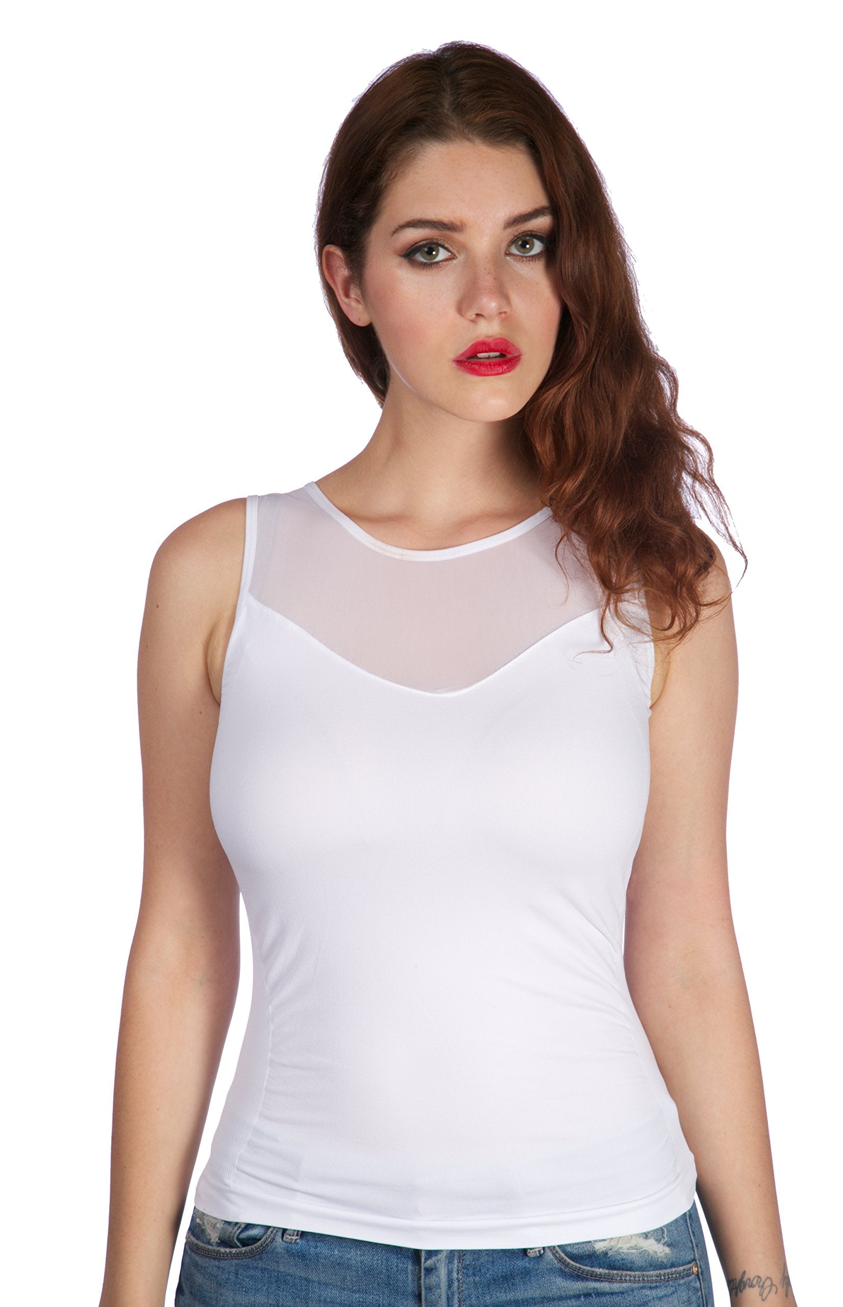 Sleeveless Stretch Shirt with Mesh V Back Top wth Ribbed Sides