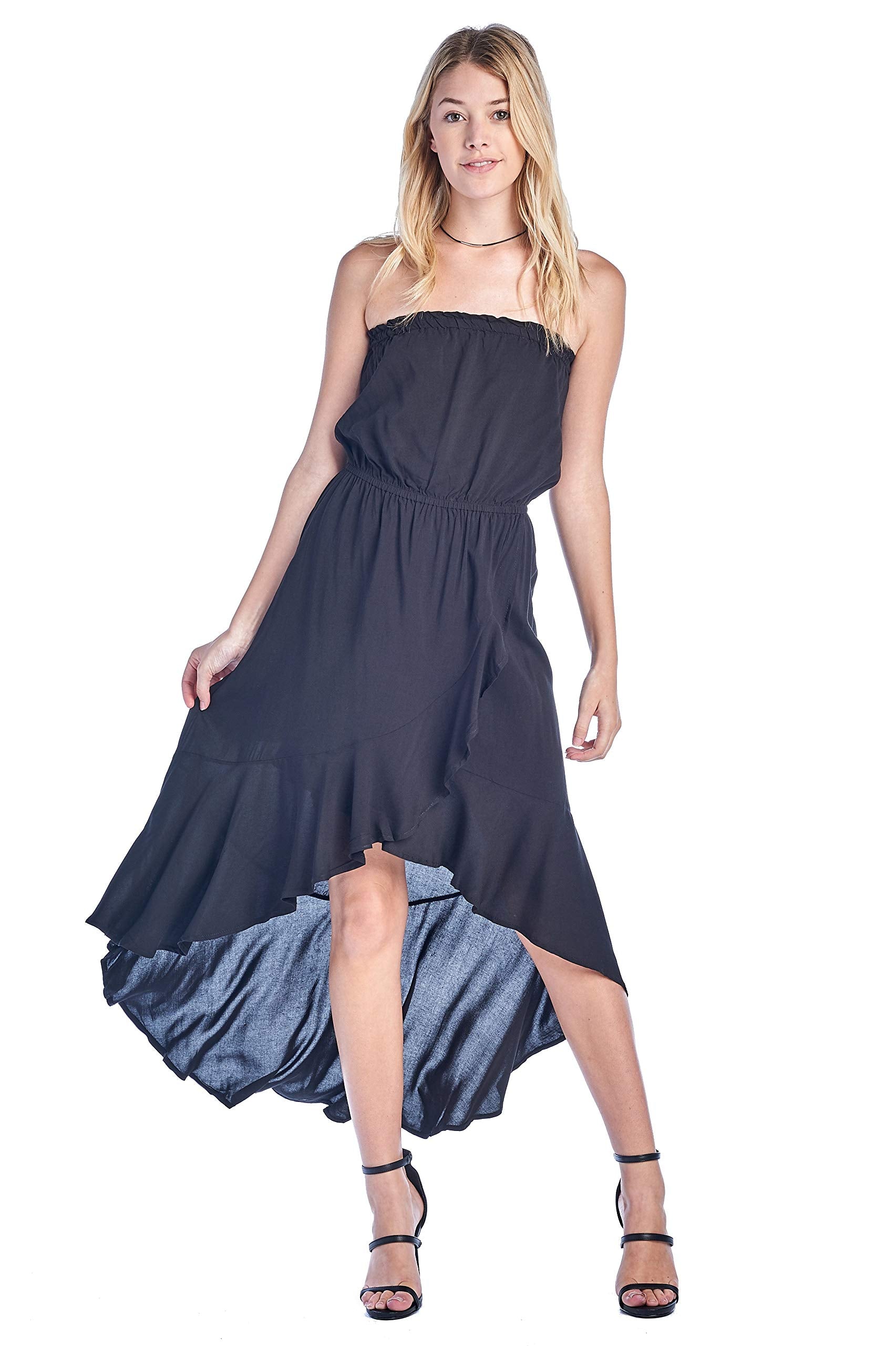Women's Strapless Tube Side Slit Ruffled High-Low Hem Long Maxi Dress