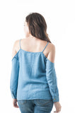 Open Cold Shoulder Chambray Cami Strap Long Sleeve Top