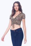 Khanomak Women's Sexy Deep V Neck Sexy Leopard Shirred Crop Top