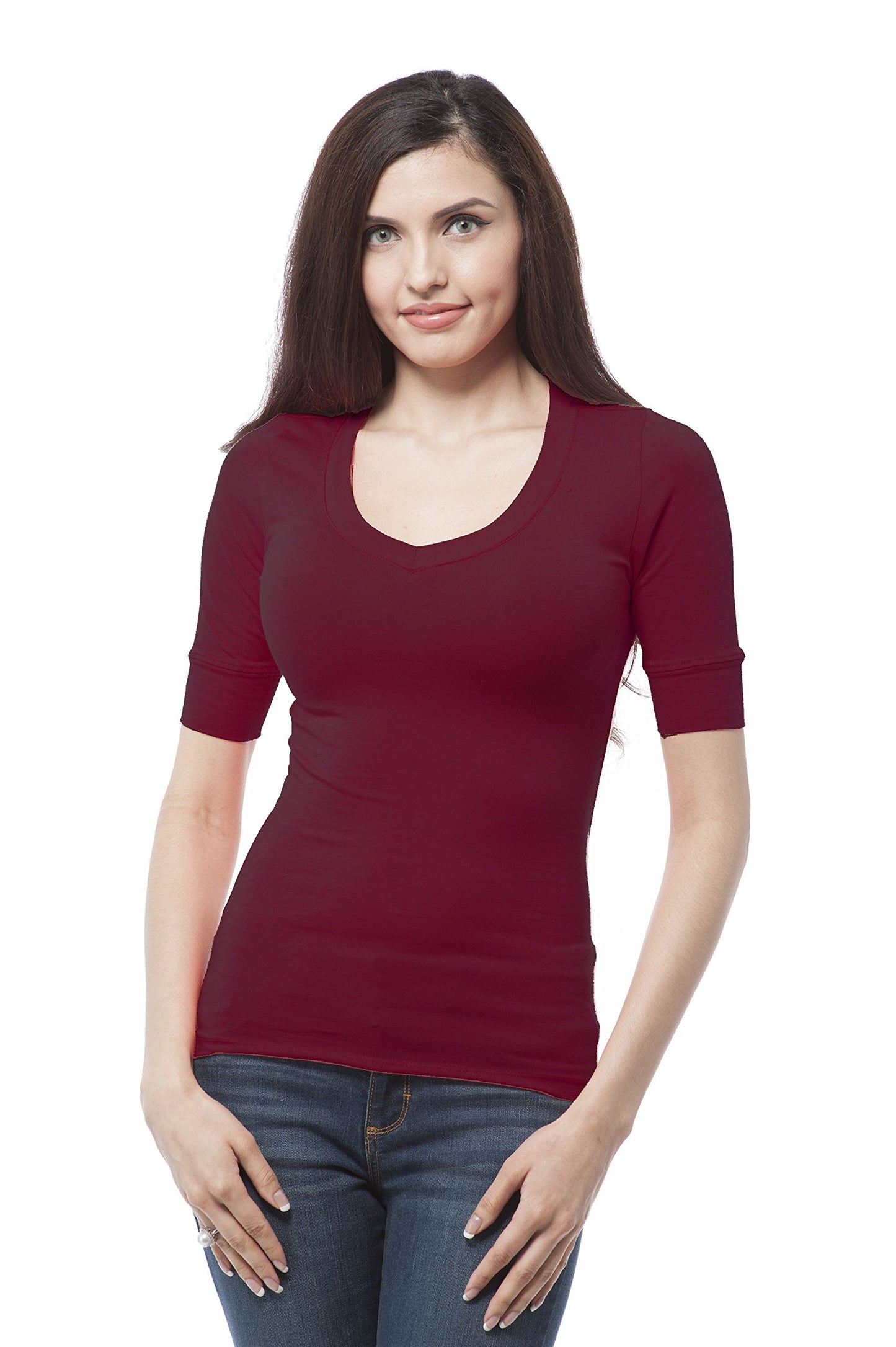 Hollywood Star Fashion Women's Plain Basic Elbow Length Sleeves V Neck Top Fitted Shirt1