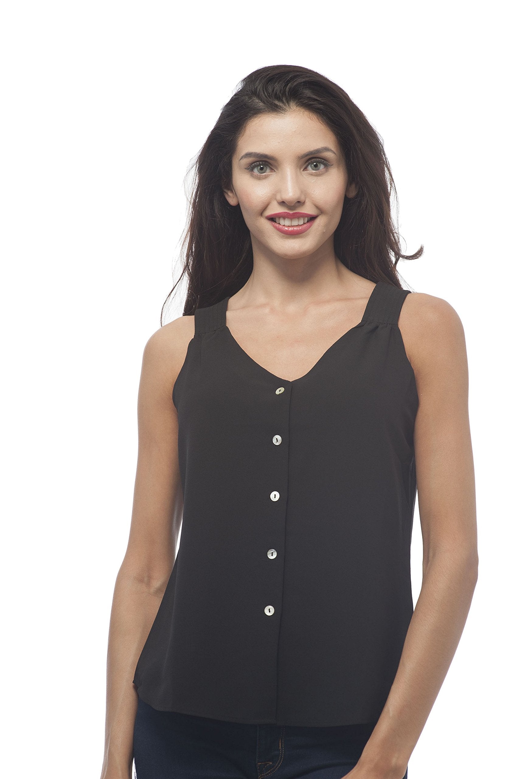 Hollywood Star Fashion Women's Sleeveless Front Button Crepe Woven top (Medium, Black)