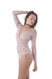 Khanomak Women's Long Sleeve Deep V Neck Lace Mesh Illusion Bodysuit (Small, Blush Pink)
