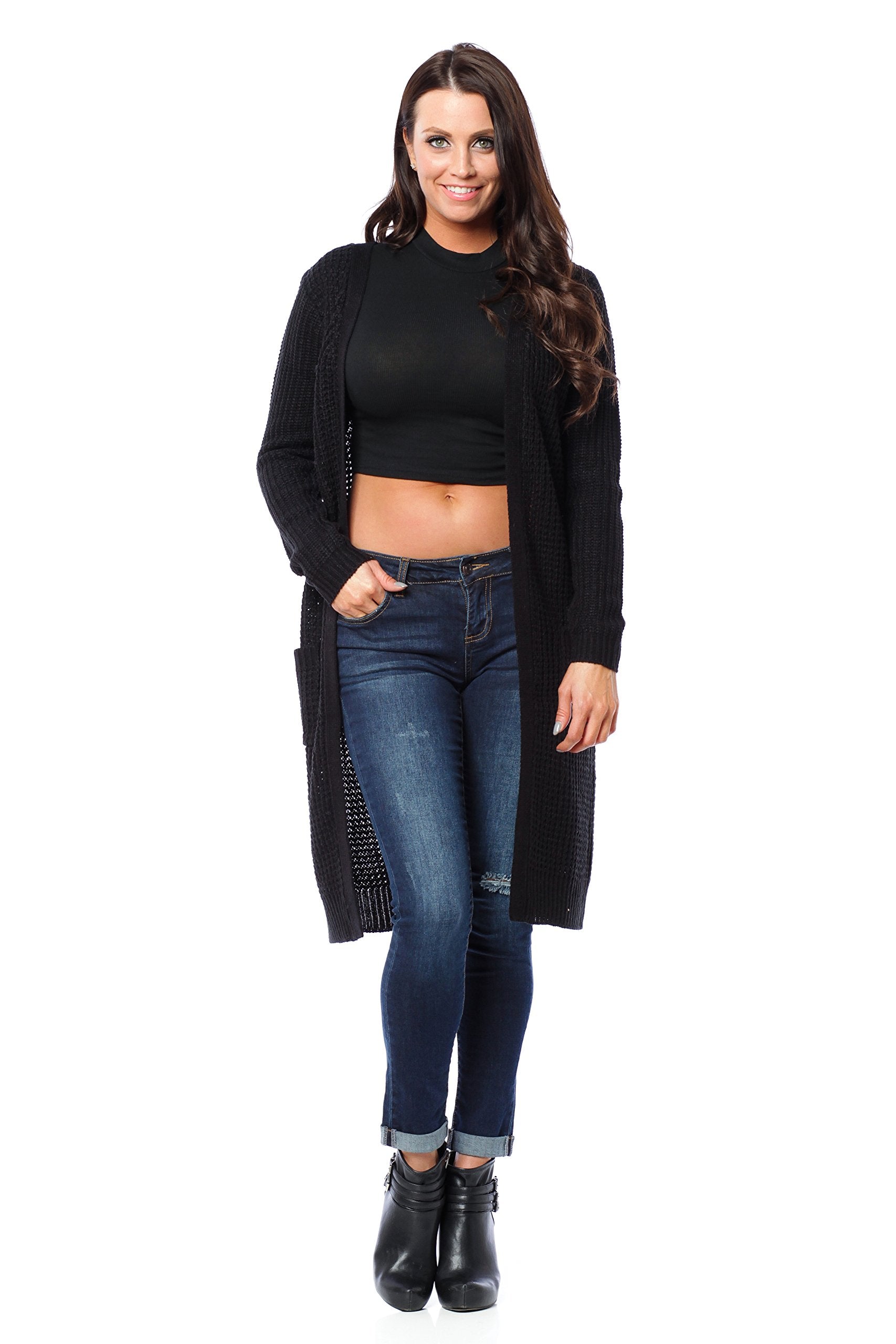 Waffle Knit Long Cardigan Sweater With Pockets