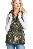 Sleeveless Camouflage Print Drawstring Waist With Hoodie Cotton Utility Vest