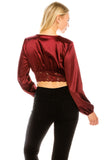 Women's Long Sleeves Satin Lace Design Button Up Crop Top Blouse