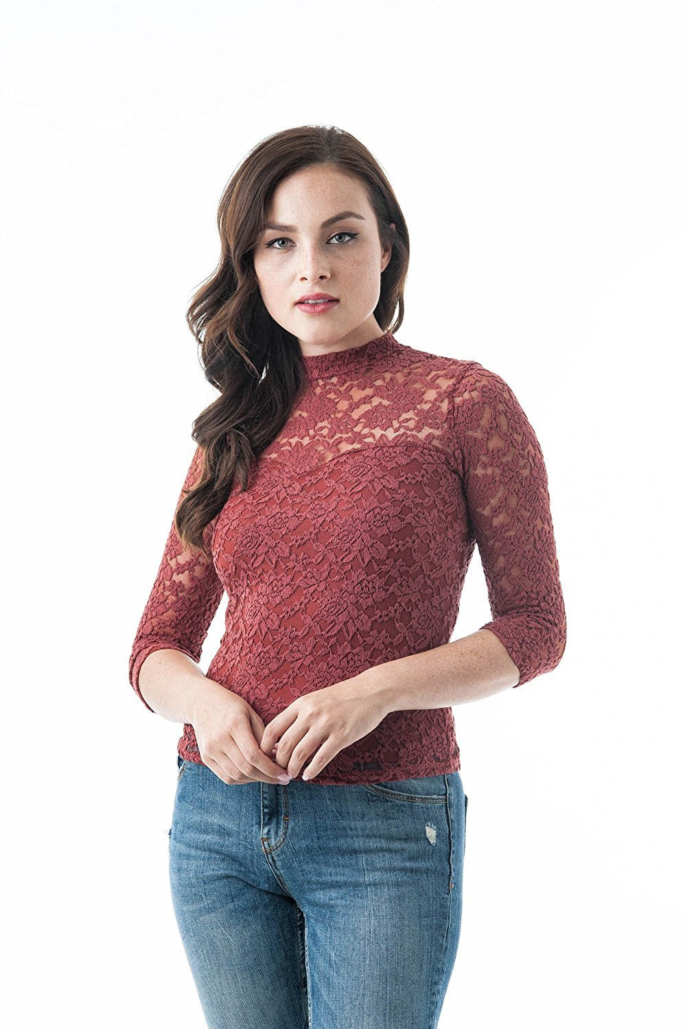 Women's 3/4 Sleeve Illusion Lined Lace Mock Neck Keyhole Cutout Back Top