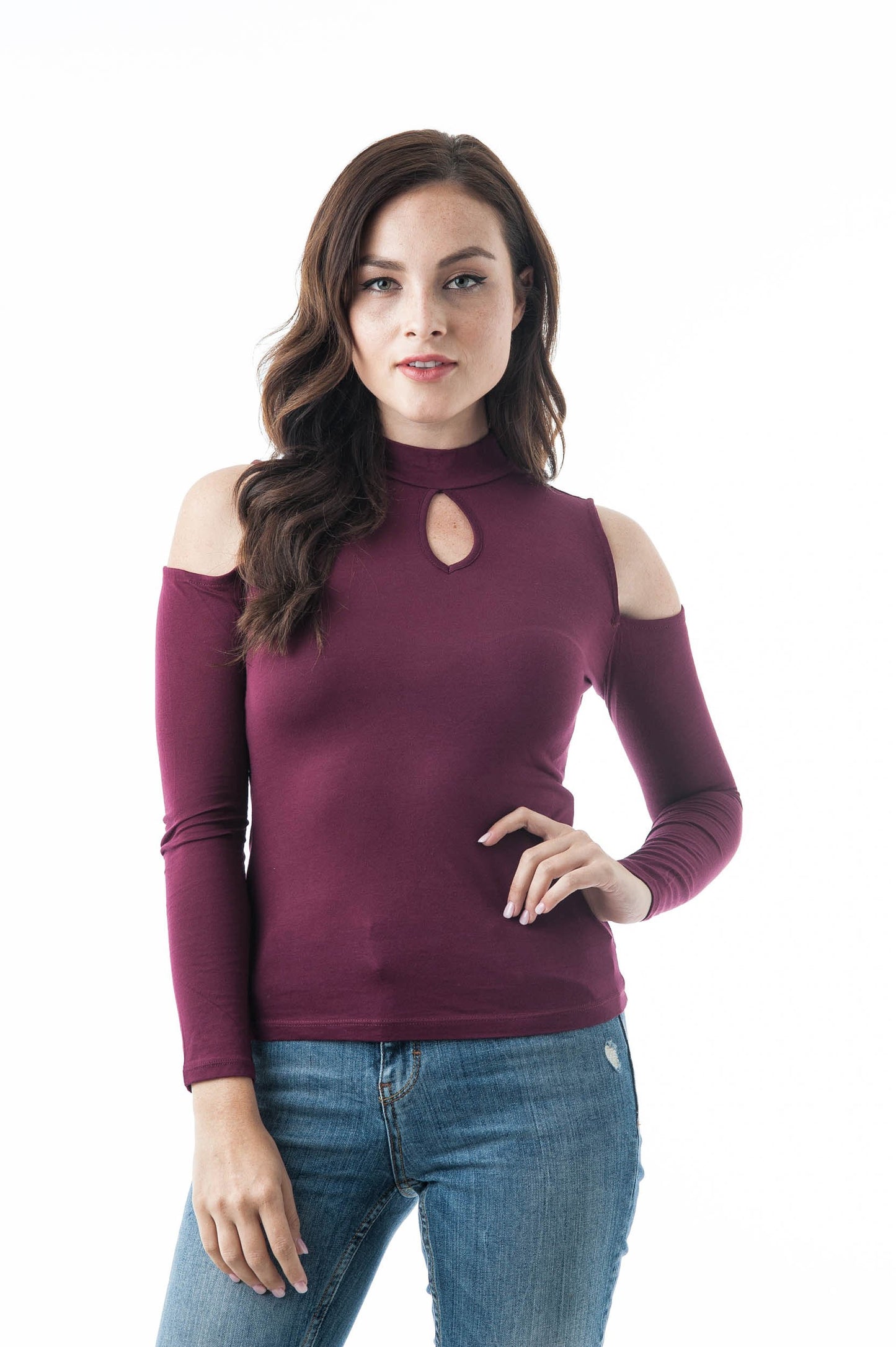 Plain Long Sleeve Open Cold Shoulder Key Hole Mock Neck Top