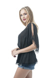 Khanomak Cold Shoulder Chiffon crochet trim Top