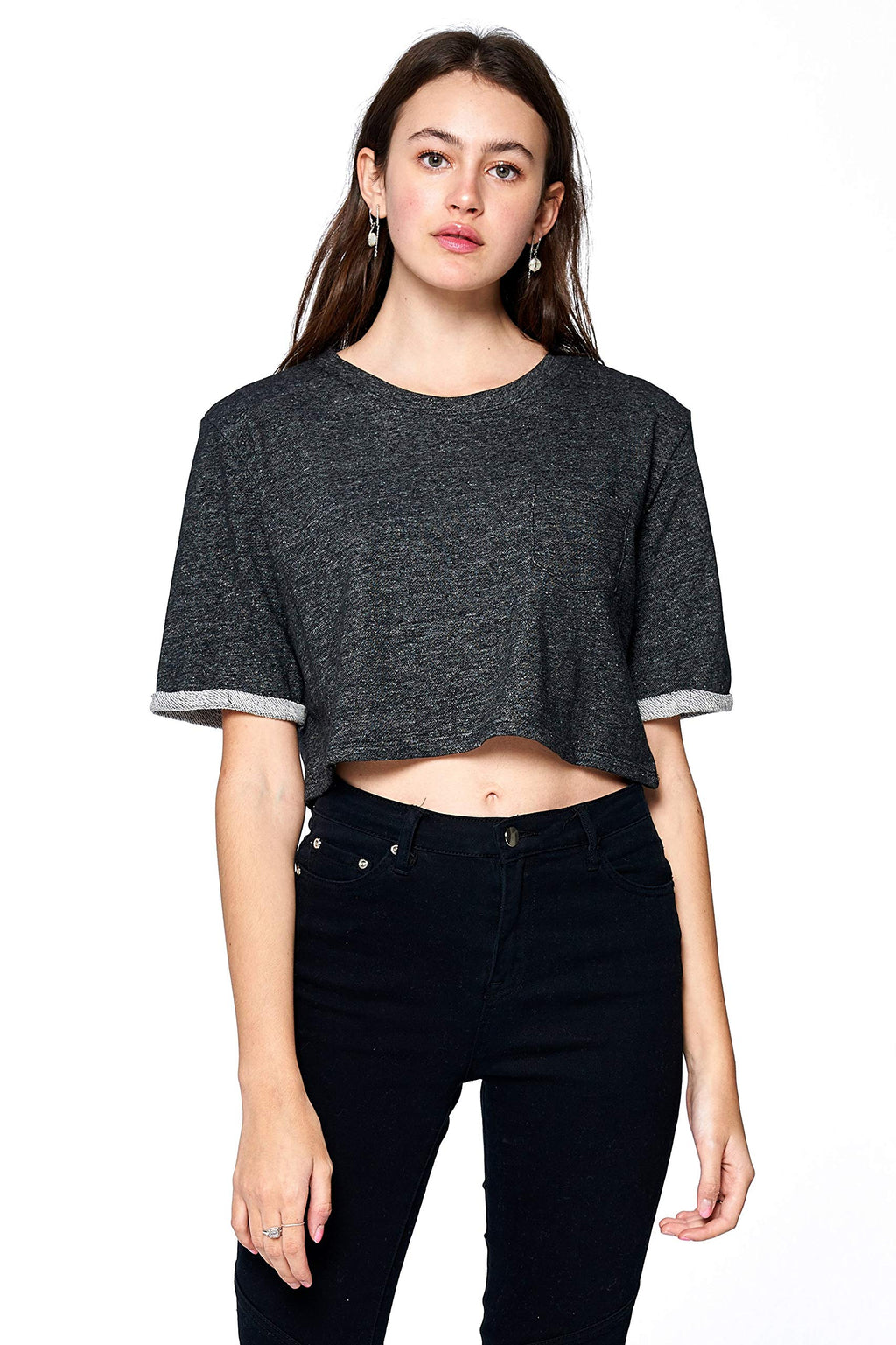 Khanomak Women's Short Sleeve Crewneck Front Pocket Sweater Top