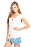 Short Cap Sleeve Ribbed V Neck Self Tie Lace Up Casual Top