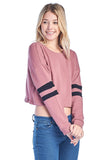 Women's Long Sleeve Crewneck Stripe Varsity Loose Fit Pullover Crop Sweater Top