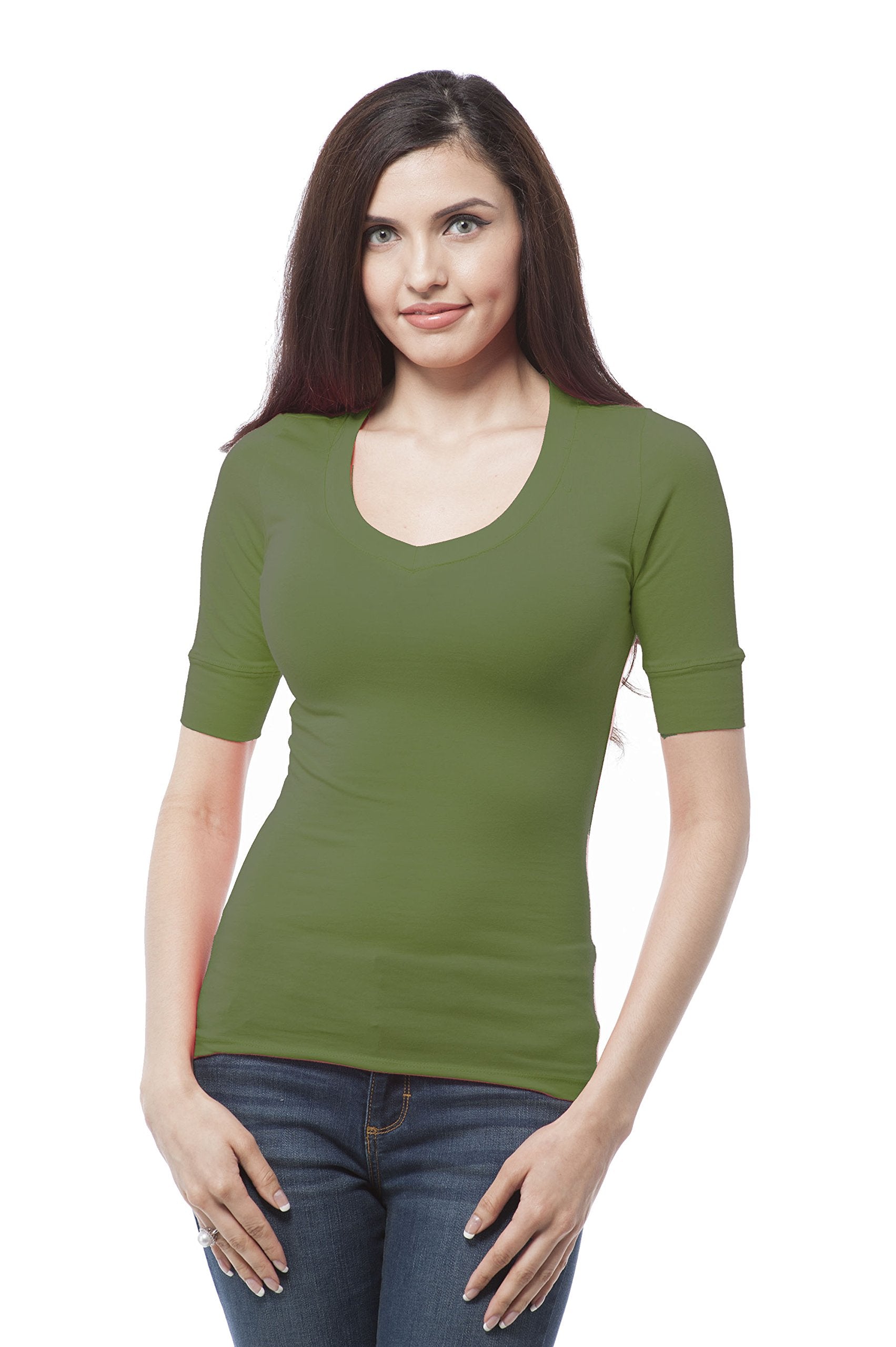 Hollywood Star Fashion Women's Plain Basic Elbow Length Sleeves V Neck Top Fitted Shirt1