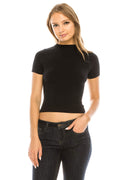 Women's Stretch Rib Basic High Neck Cropped Short Sleeve Shirt