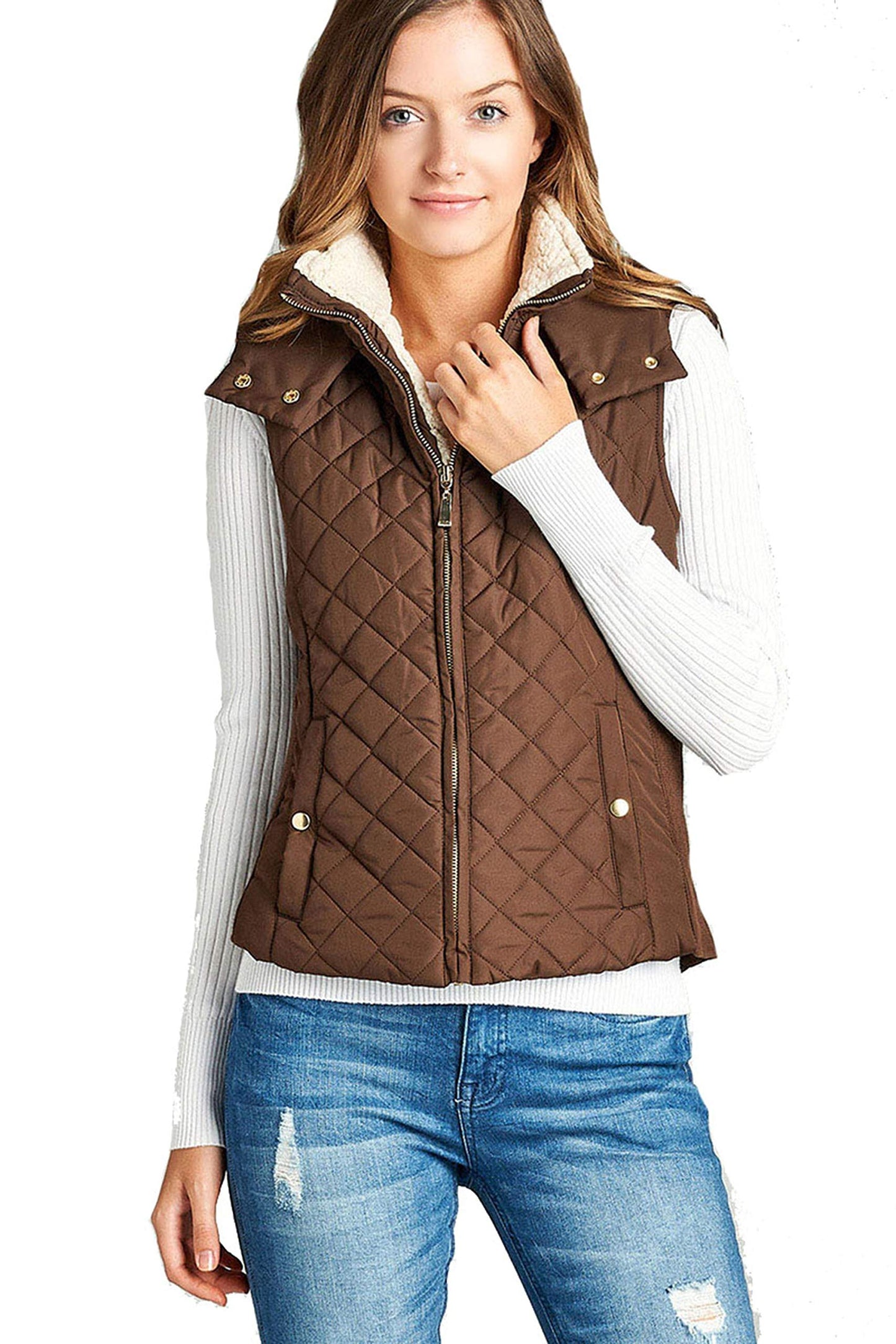 Khanomak Women's Shearling Lined Quilted Padding Hoodie Vest